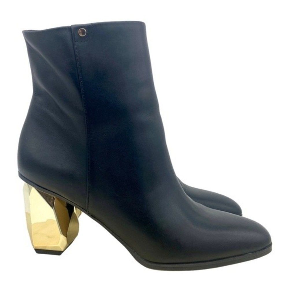 Franco Sarto Tiera Black Leather Gold Beveled Block Heel Ankle Boot Size 7M NEW! - Picture 1 of 10